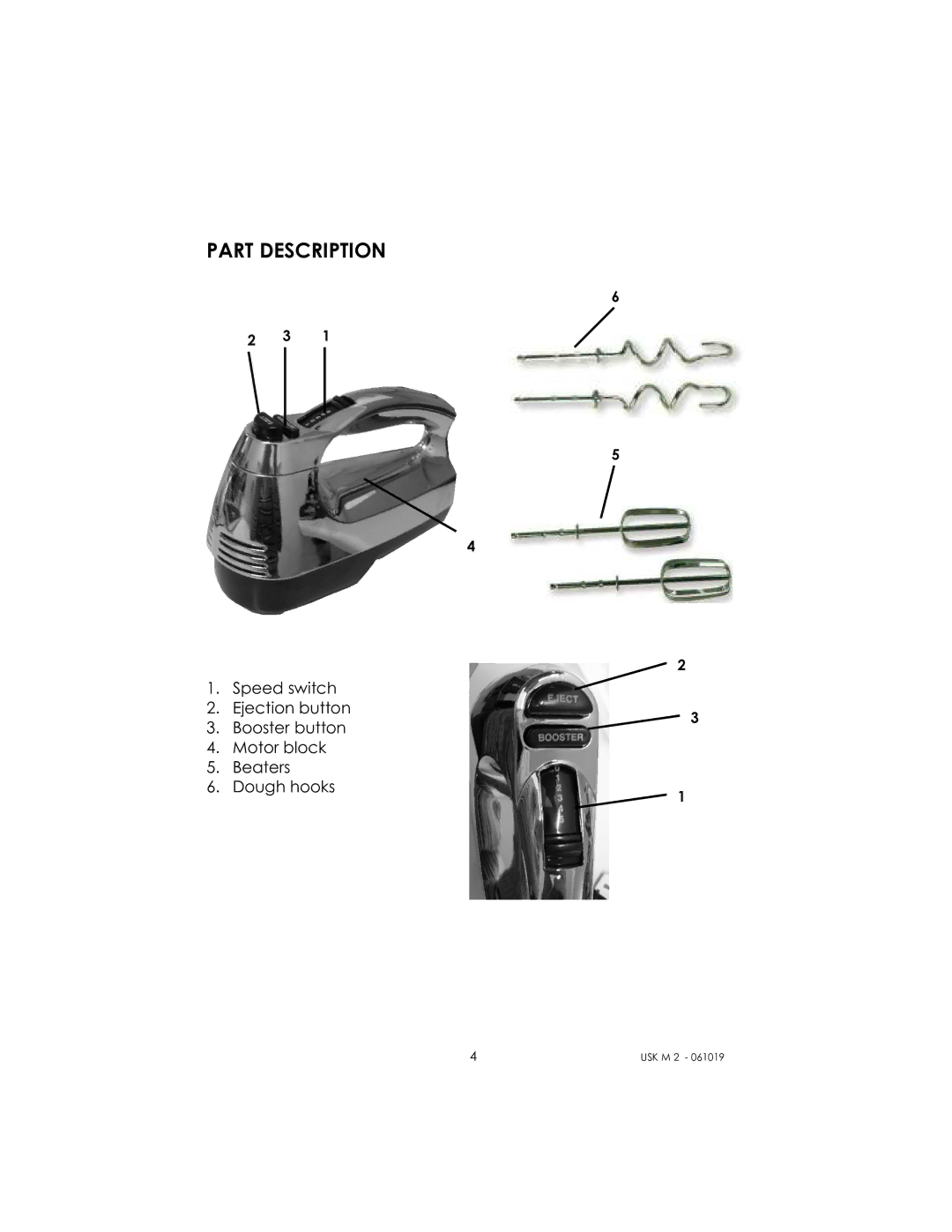 Kalorik USK M 2 manual Part Description 