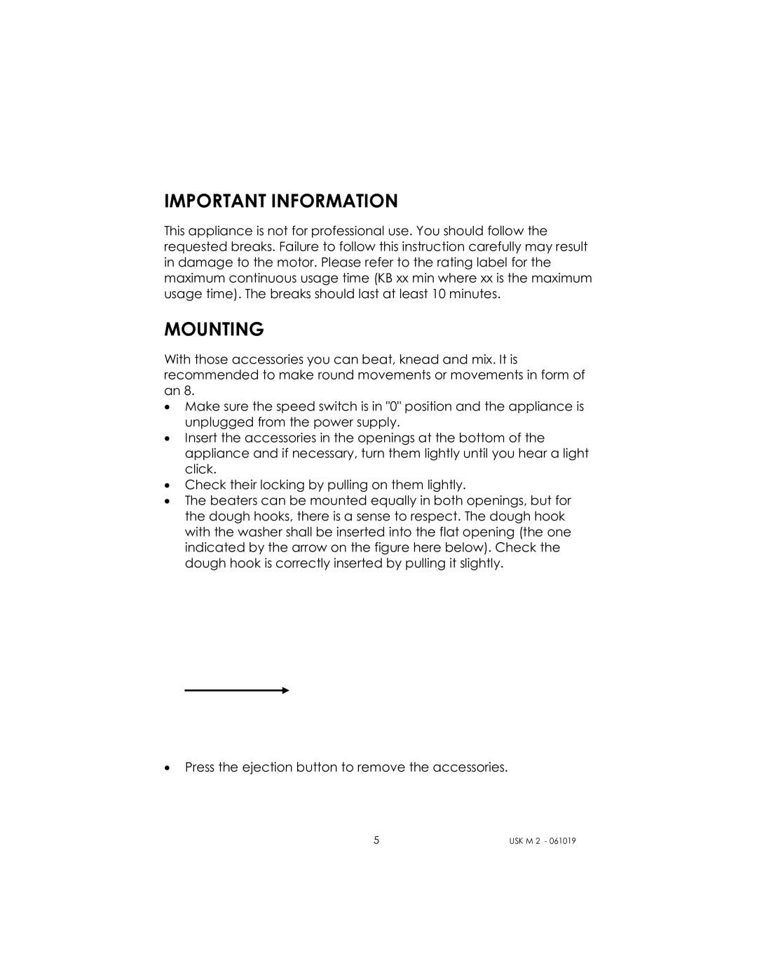 Kalorik USK M 2 manual Important Information, Mounting 