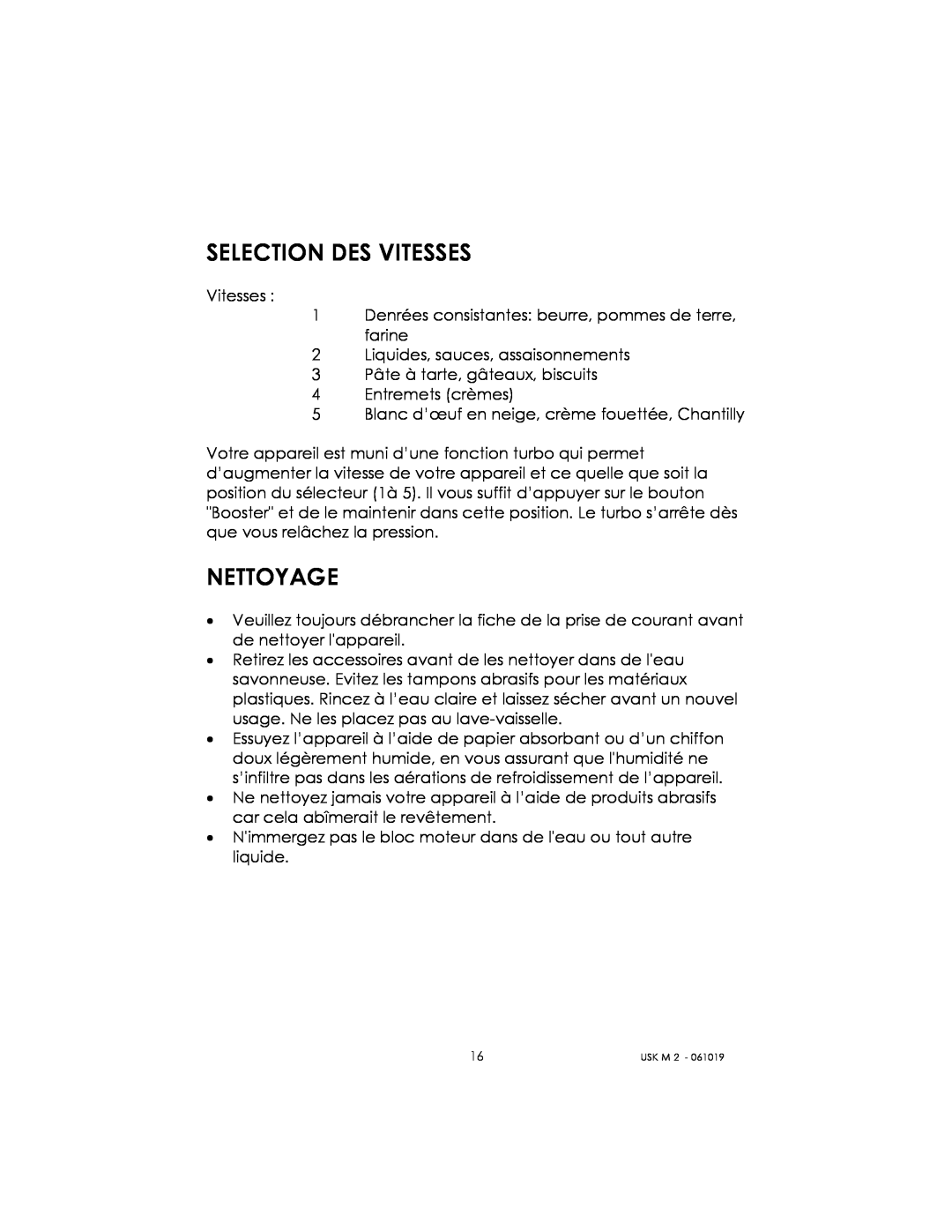 Kalorik USK M 2 manual Selection Des Vitesses, Nettoyage 