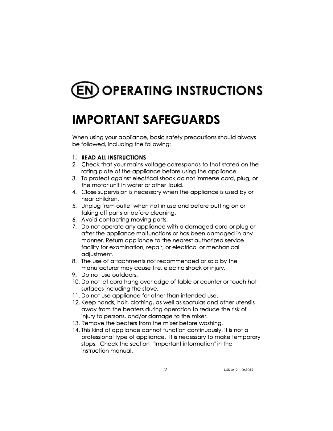 Kalorik USK M 2 manual Important Safeguards 