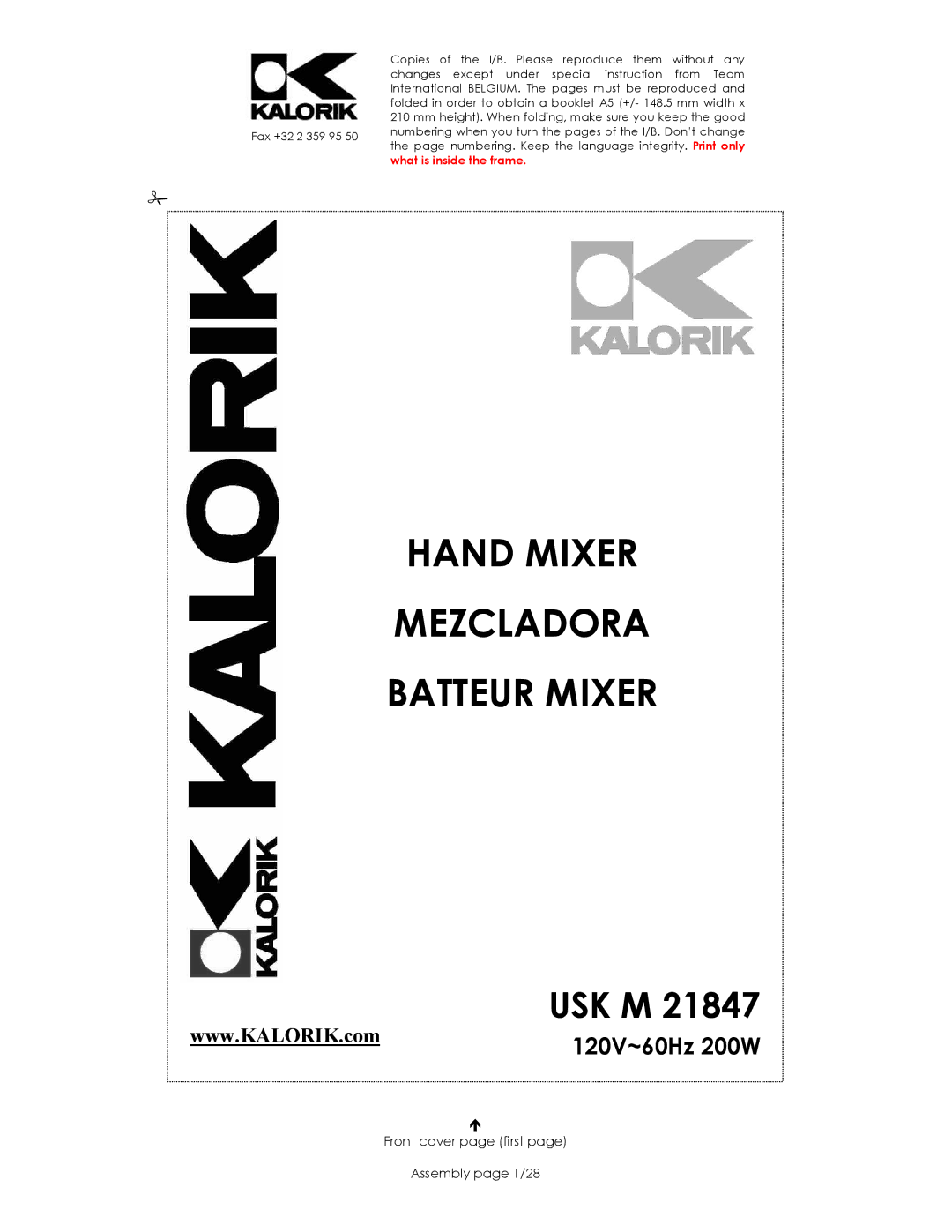 Kalorik USK M 21847 manual Hand Mixer Mezcladora Batteur Mixer, Front cover page first Assembly page 1/28 