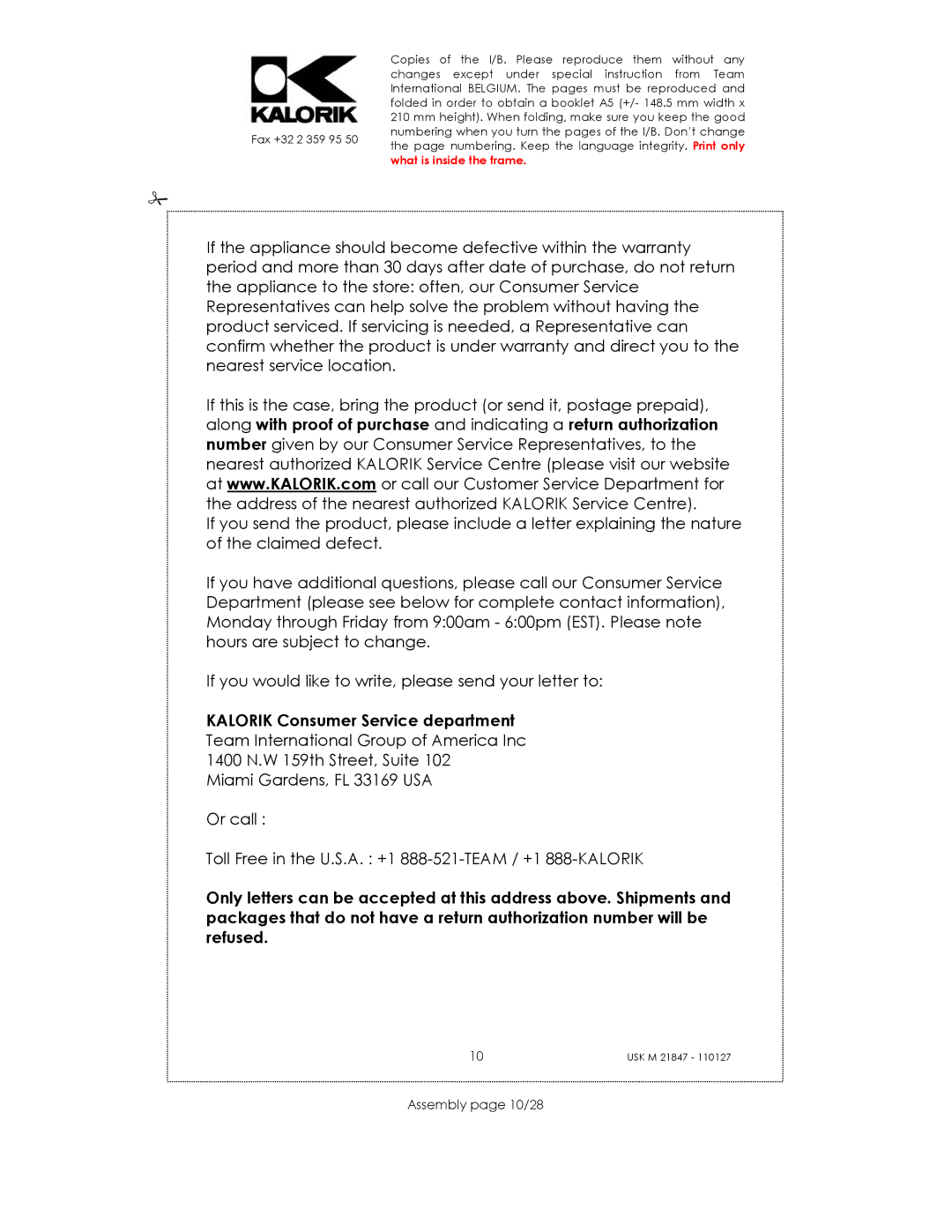 Kalorik USK M 21847 manual Assembly page 10/28 