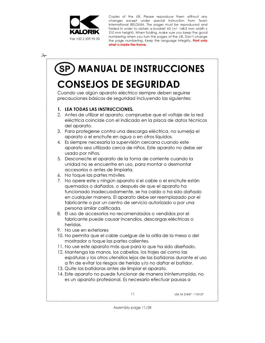 Kalorik USK M 21847 manual Consejos DE Seguridad, Assembly page 11/28 