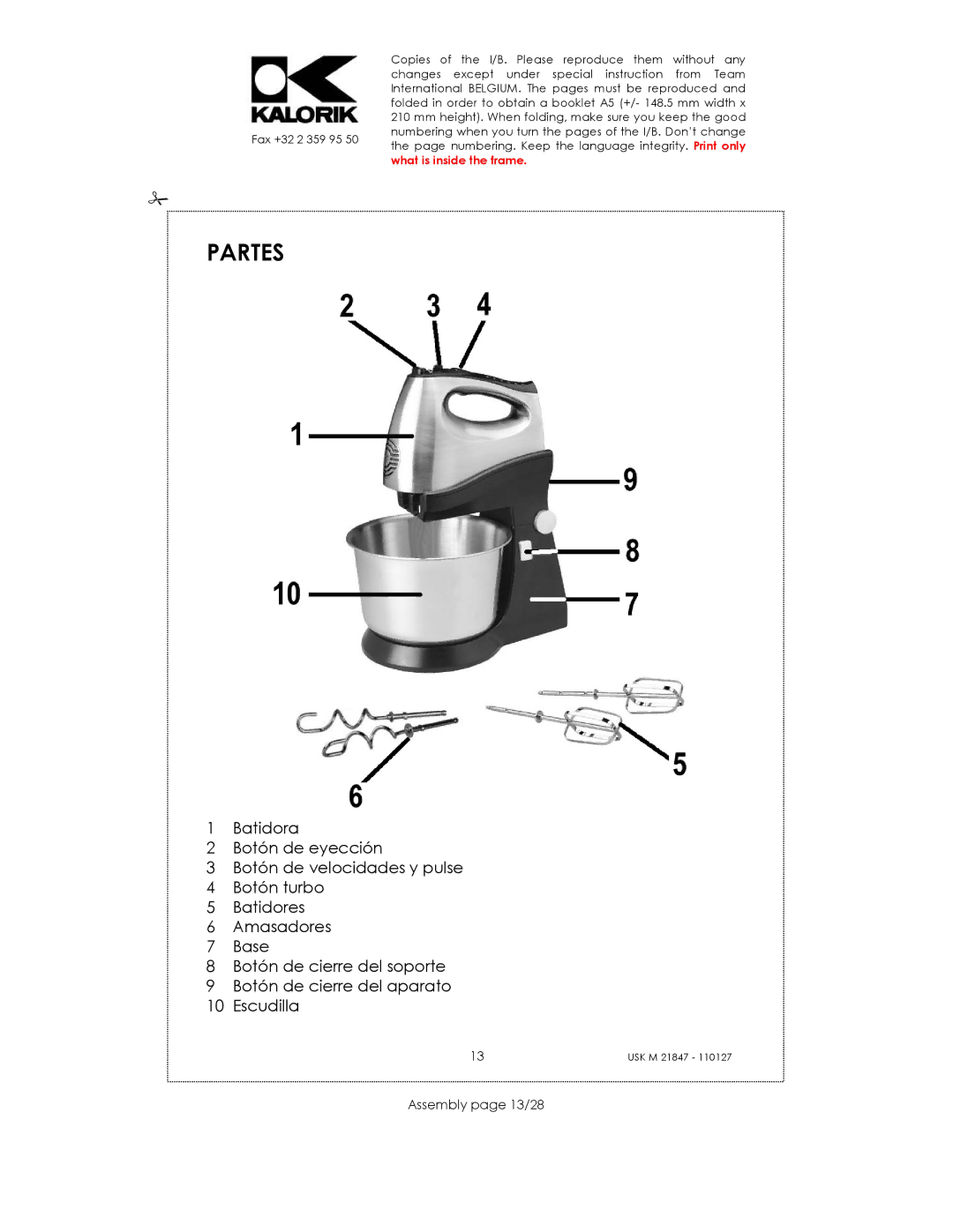 Kalorik USK M 21847 manual Partes, Assembly page 13/28 