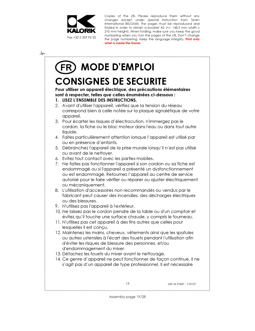 Kalorik USK M 21847 manual Consignes DE Securite, Assembly page 19/28 