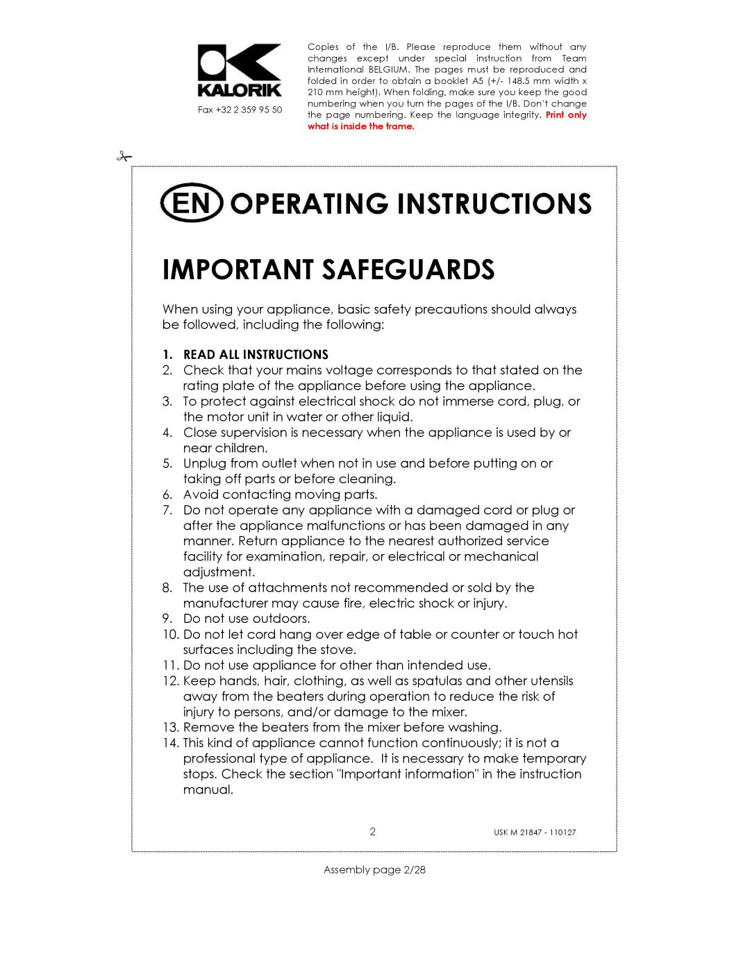 Kalorik USK M 21847 manual Important Safeguards, Assembly page 2/28 