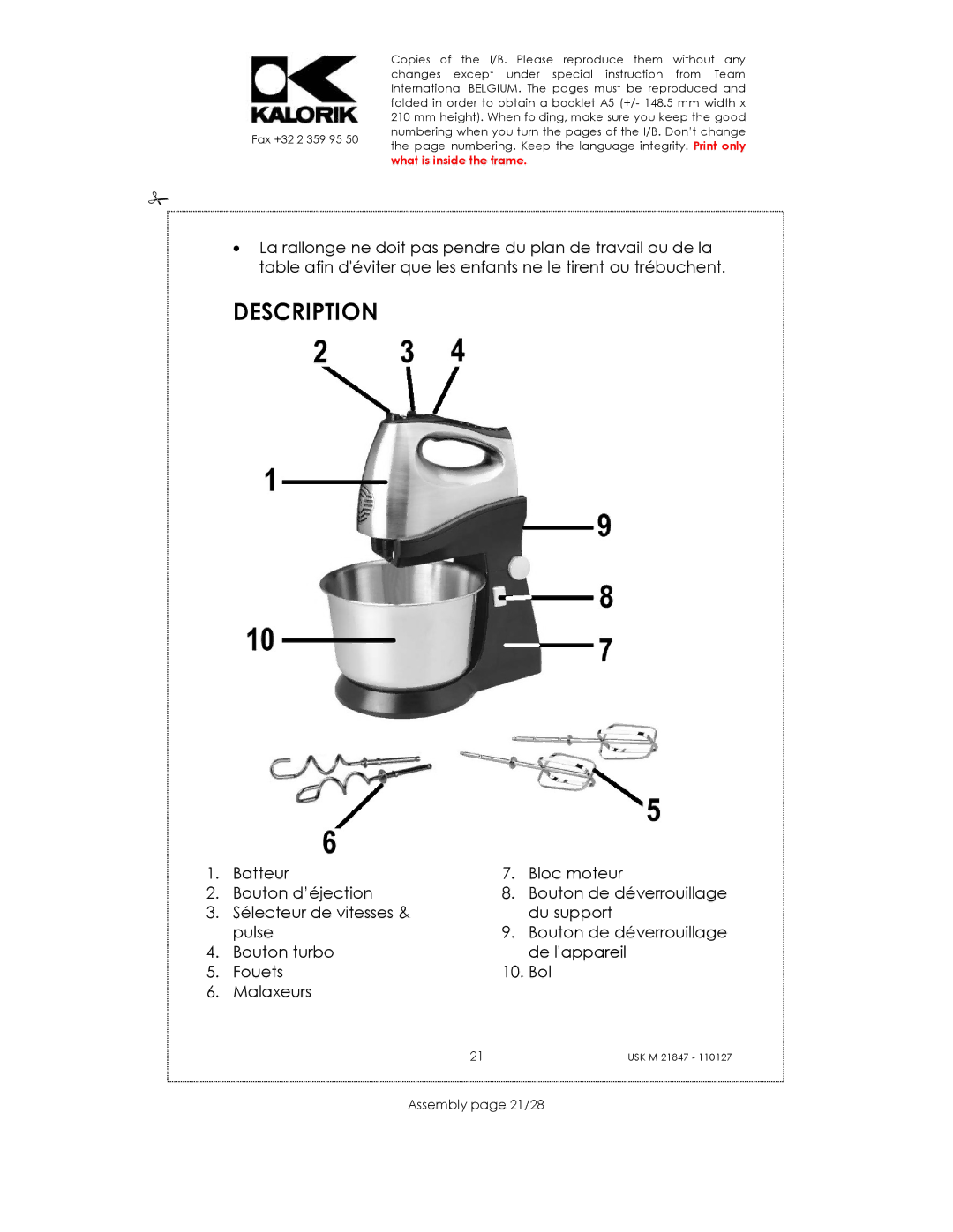 Kalorik USK M 21847 manual Description, Assembly page 21/28 