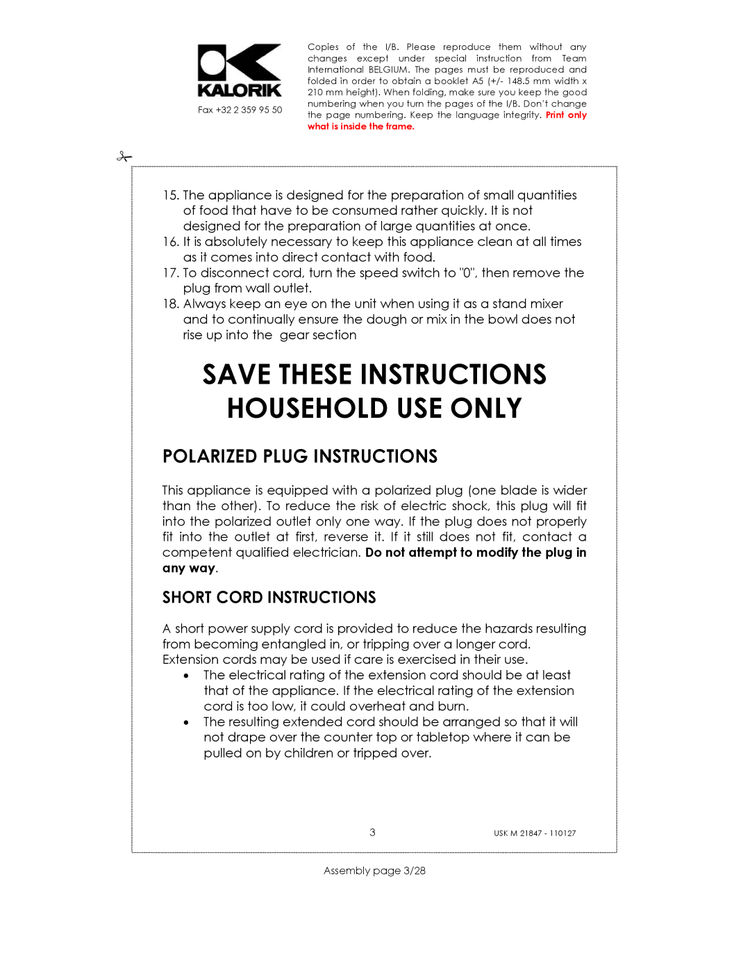 Kalorik USK M 21847 manual Household USE only, Polarized Plug Instructions, Assembly page 3/28 