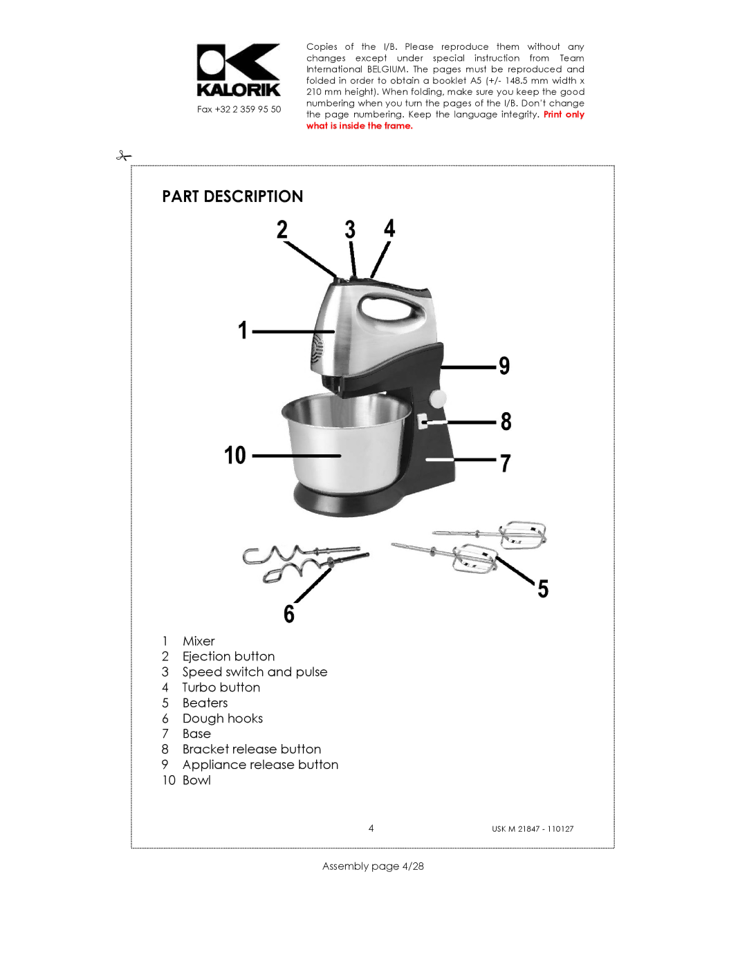 Kalorik USK M 21847 manual Part Description, Assembly page 4/28 