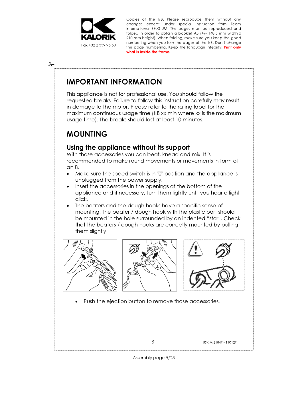 Kalorik USK M 21847 manual Important Information, Mounting, Using the appliance without its support, Assembly page 5/28 