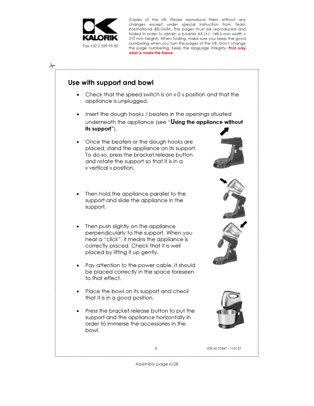 Kalorik USK M 21847 manual Use with support and bowl, Assembly page 6/28 