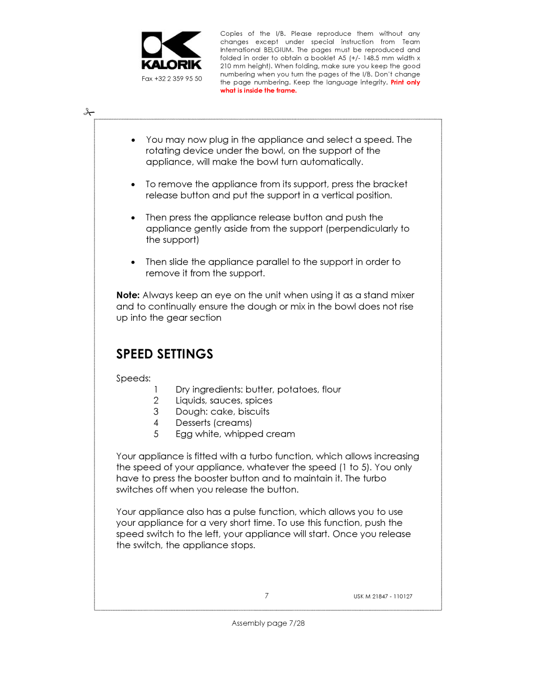 Kalorik USK M 21847 manual Speed Settings, Assembly page 7/28 