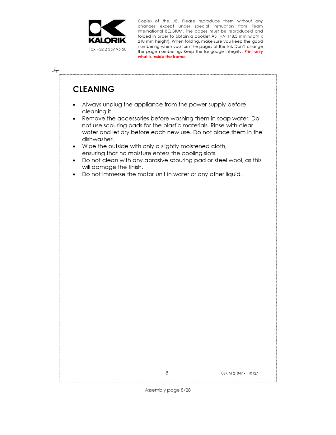 Kalorik USK M 21847 manual Cleaning, Assembly page 8/28 