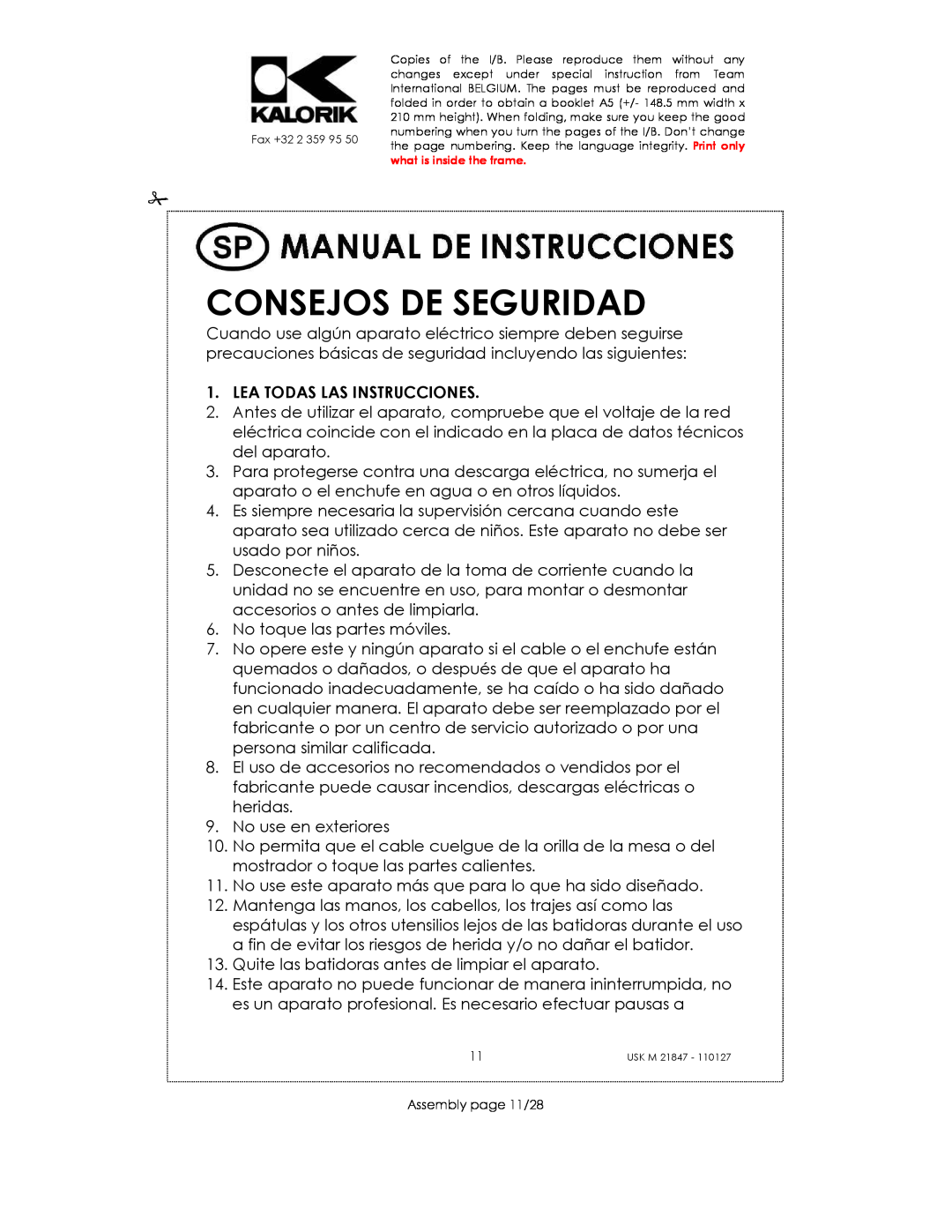 Kalorik USK M 21847 manual Consejos De Seguridad, Lea Todas Las Instrucciones 