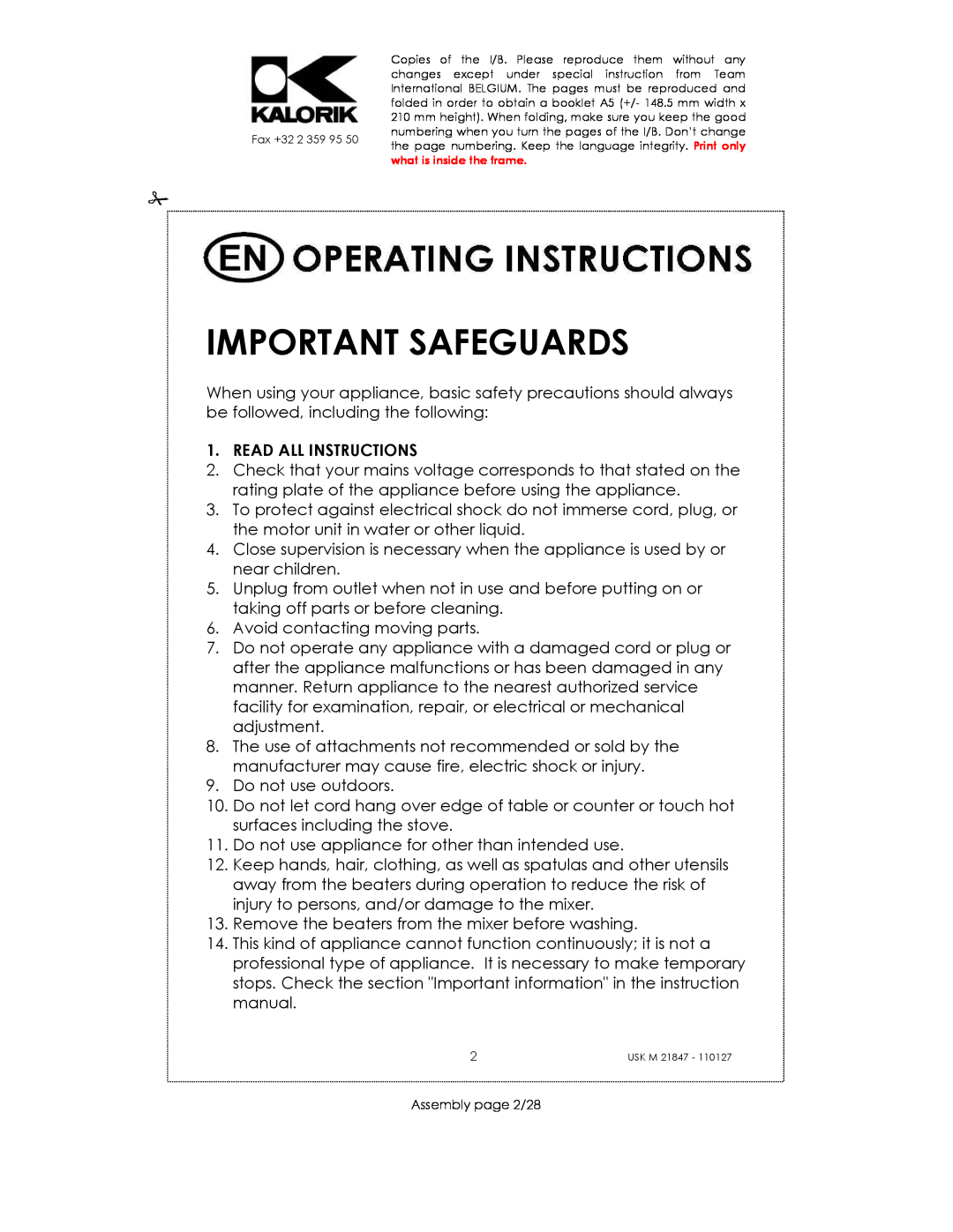 Kalorik USK M 21847 manual Important Safeguards, Read All Instructions 