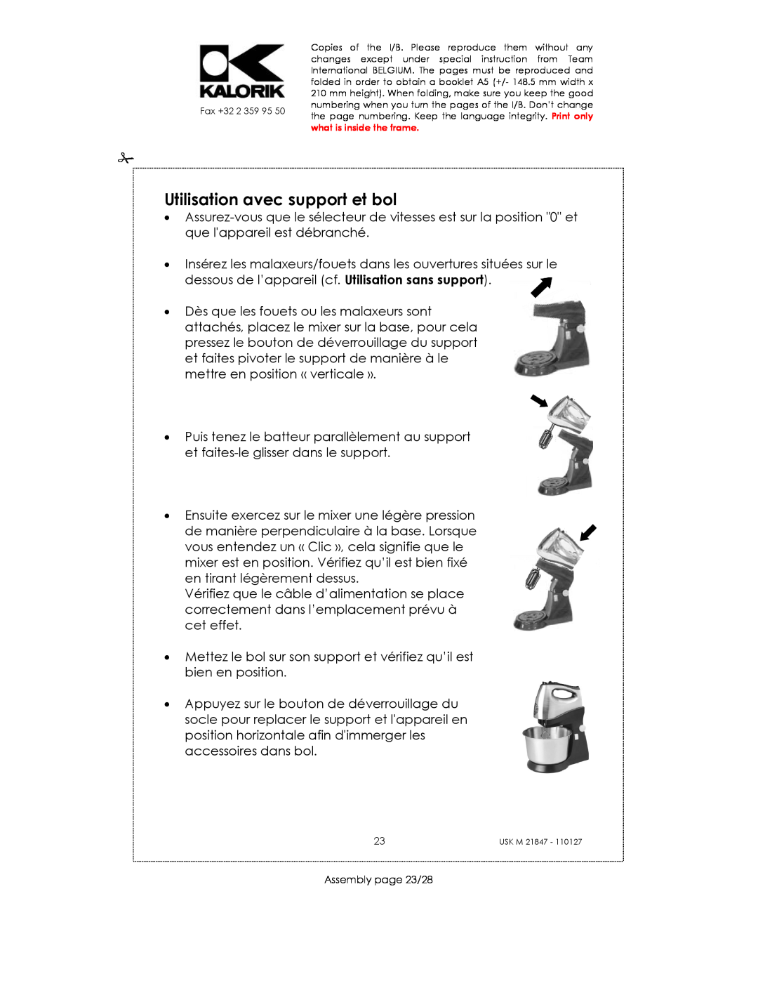 Kalorik USK M 21847 manual Utilisation avec support et bol, Assembly page 23/28 