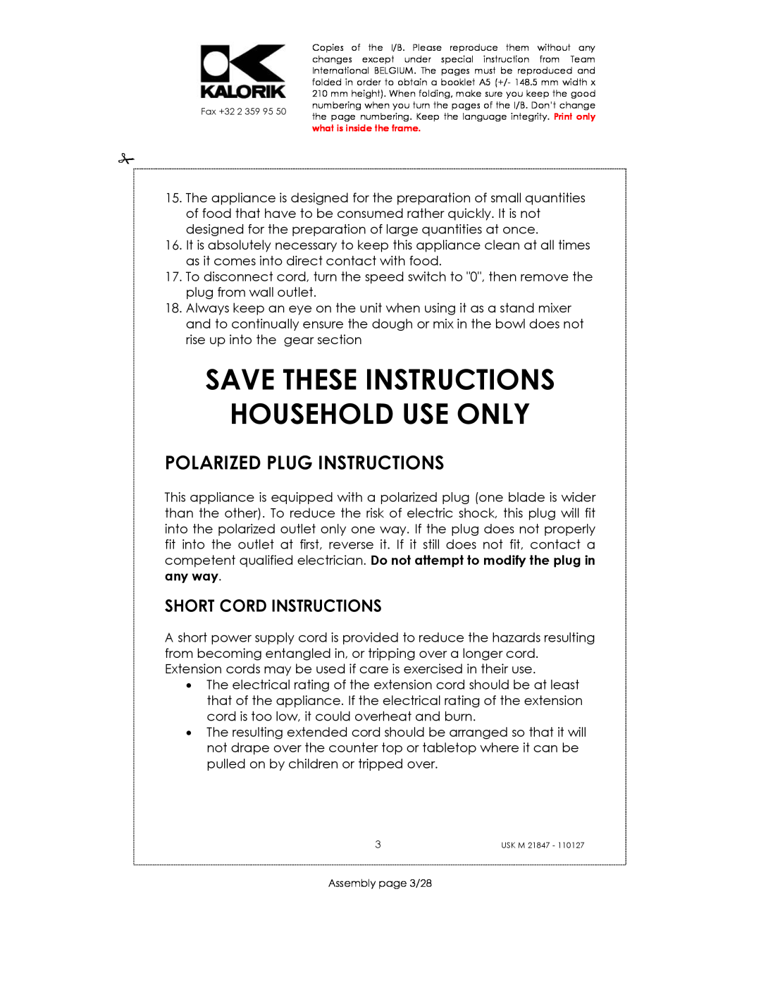 Kalorik USK M 21847 manual Save These Instructions Household Use Only, Polarized Plug Instructions, Short Cord Instructions 