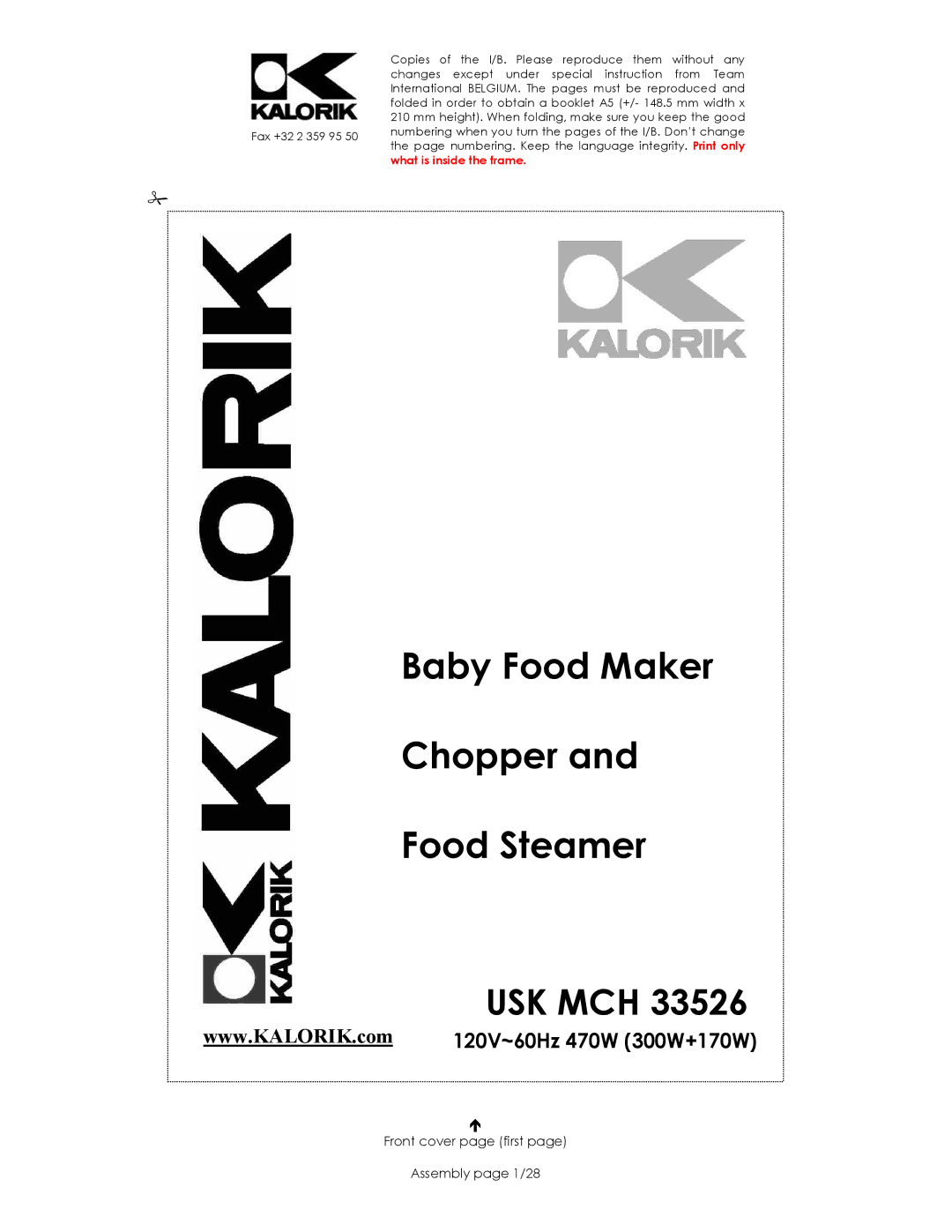 Kalorik USK MCH 33526 manual Baby Food Maker Chopper Food Steamer, Front cover page first Assembly page 1/28 