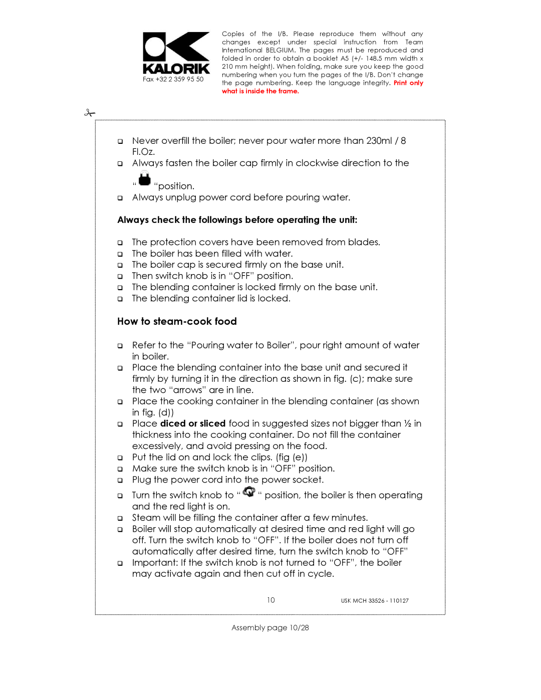 Kalorik USK MCH 33526 How to steam-cook food, Always check the followings before operating the unit, Assembly page 10/28 