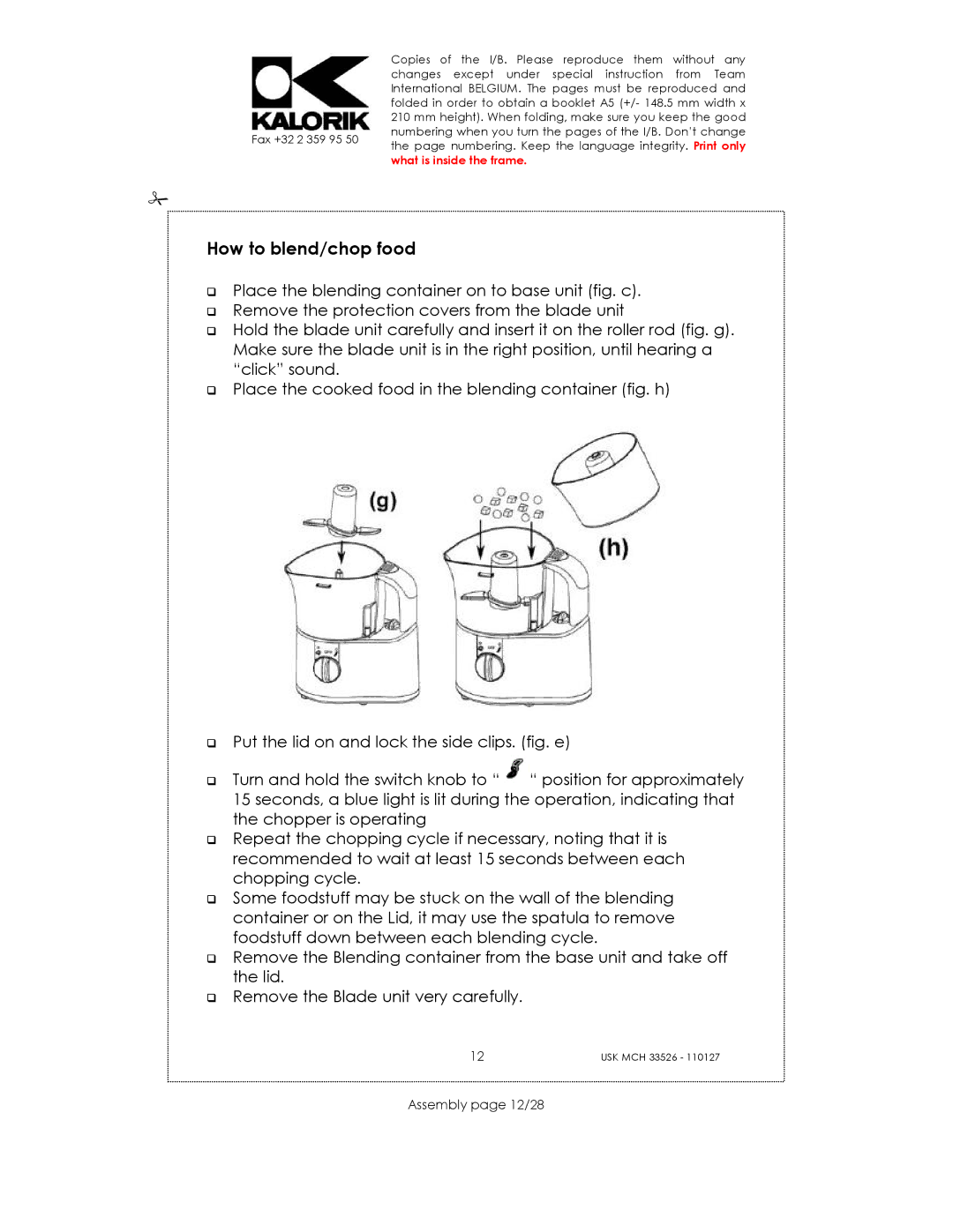 Kalorik USK MCH 33526 manual How to blend/chop food, Assembly page 12/28 