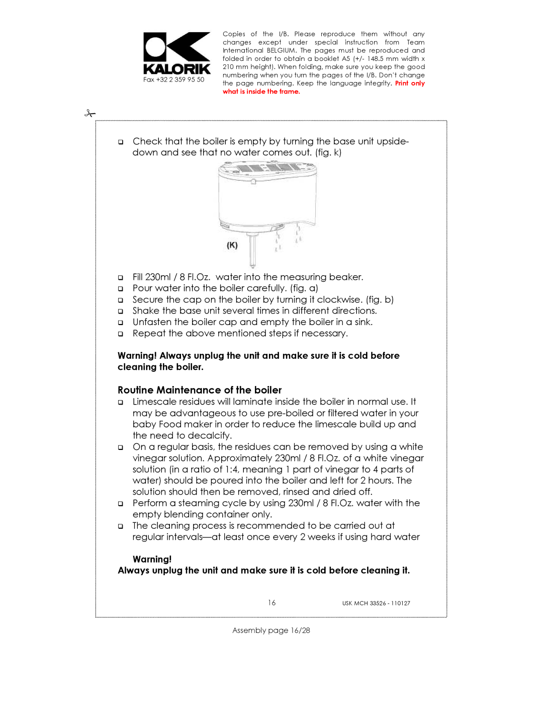 Kalorik USK MCH 33526 manual Routine Maintenance of the boiler, Assembly page 16/28 