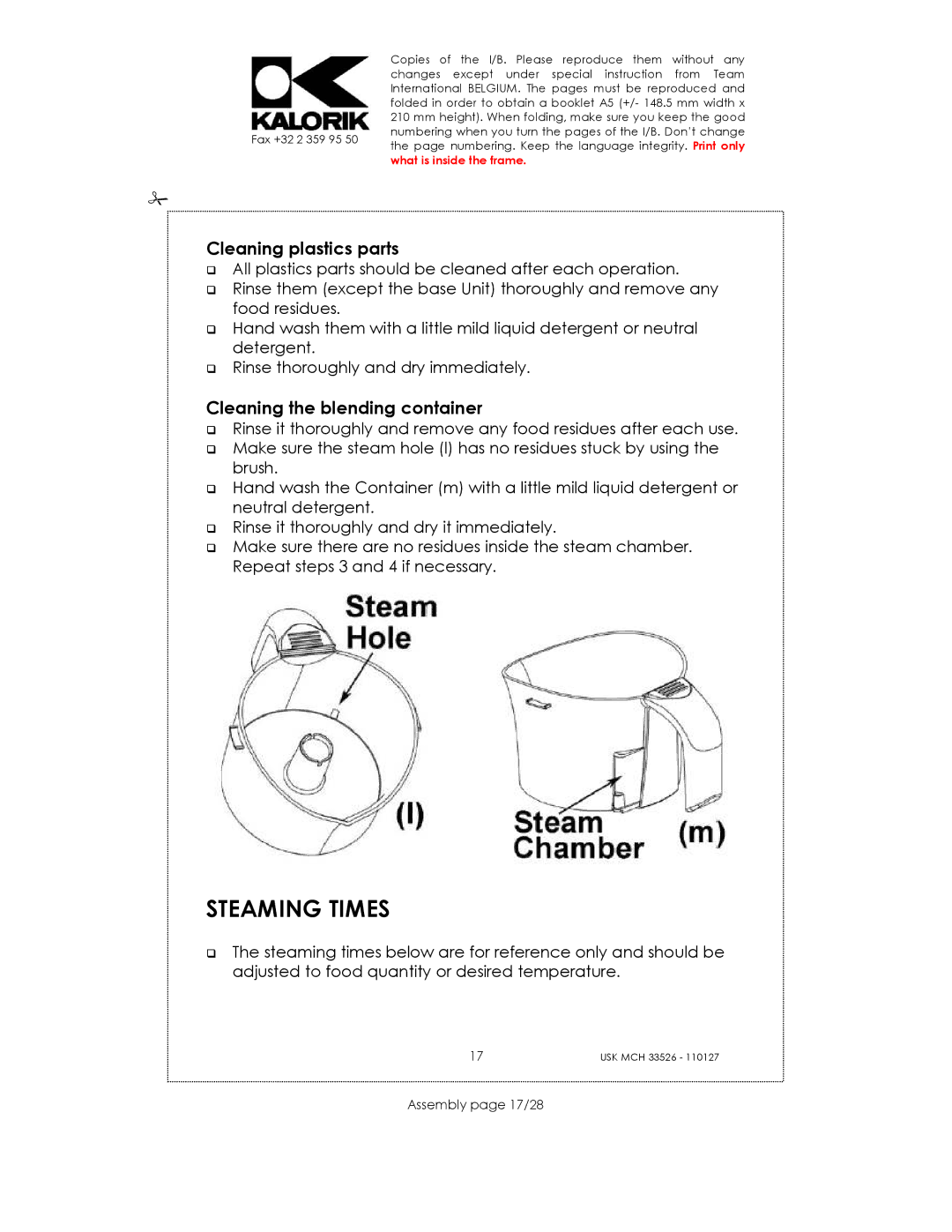 Kalorik USK MCH 33526 manual Steaming Times, Cleaning plastics parts, Cleaning the blending container, Assembly page 17/28 