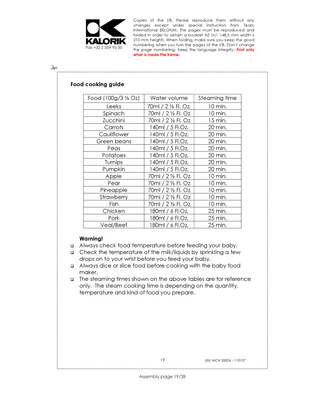 Kalorik USK MCH 33526 manual Food cooking guide, Assembly page 19/28 