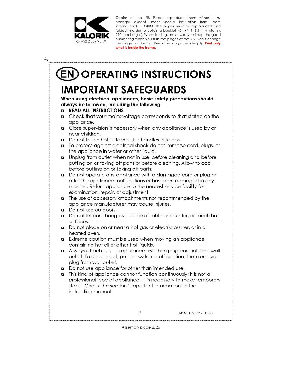 Kalorik USK MCH 33526 manual Important Safeguards, Assembly page 2/28 