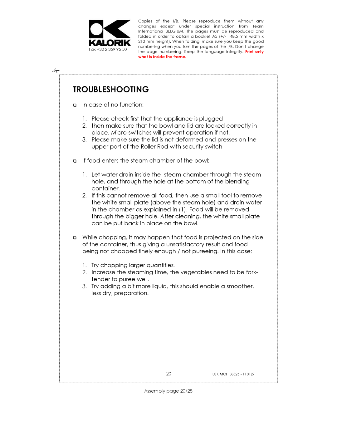 Kalorik USK MCH 33526 manual Troubleshooting, Assembly page 20/28 