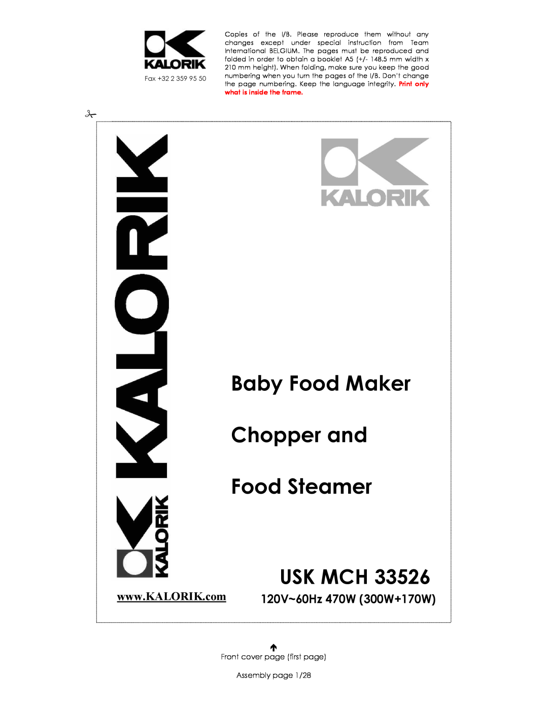 Kalorik USK MCH 33526 manual Usk Mch, Baby Food Maker Chopper and Food Steamer 