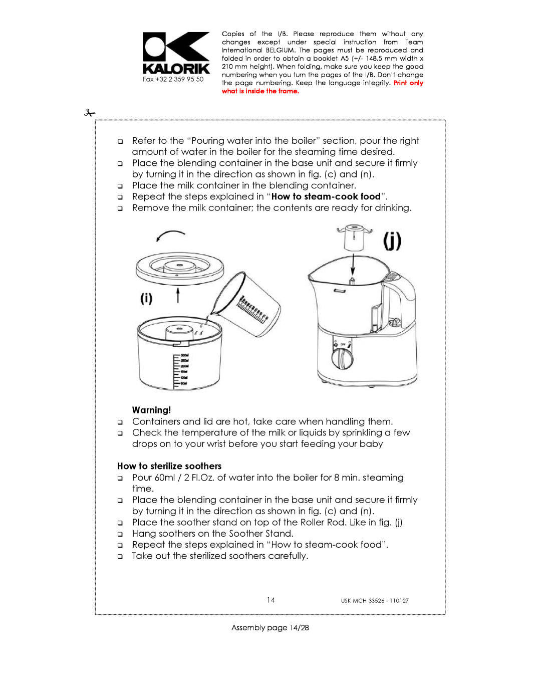 Kalorik USK MCH 33526 manual How to sterilize soothers, Assembly page 14/28 