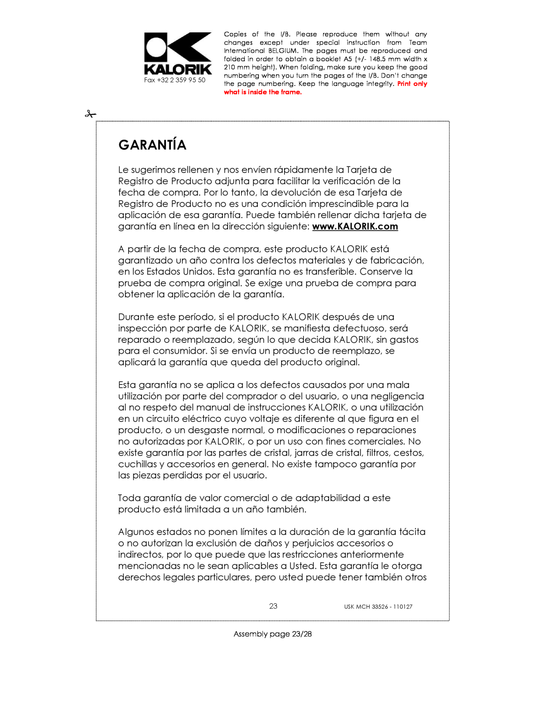 Kalorik USK MCH 33526 manual Garantía, Assembly page 23/28 