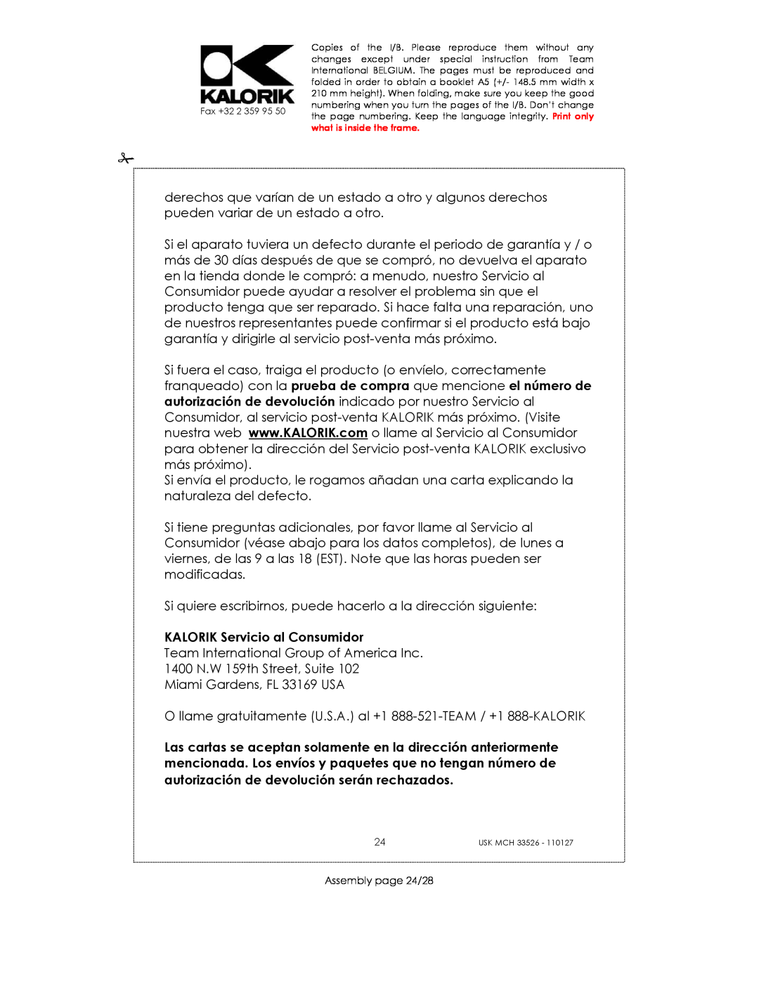 Kalorik USK MCH 33526 manual KALORIK Servicio al Consumidor, Assembly page 24/28 
