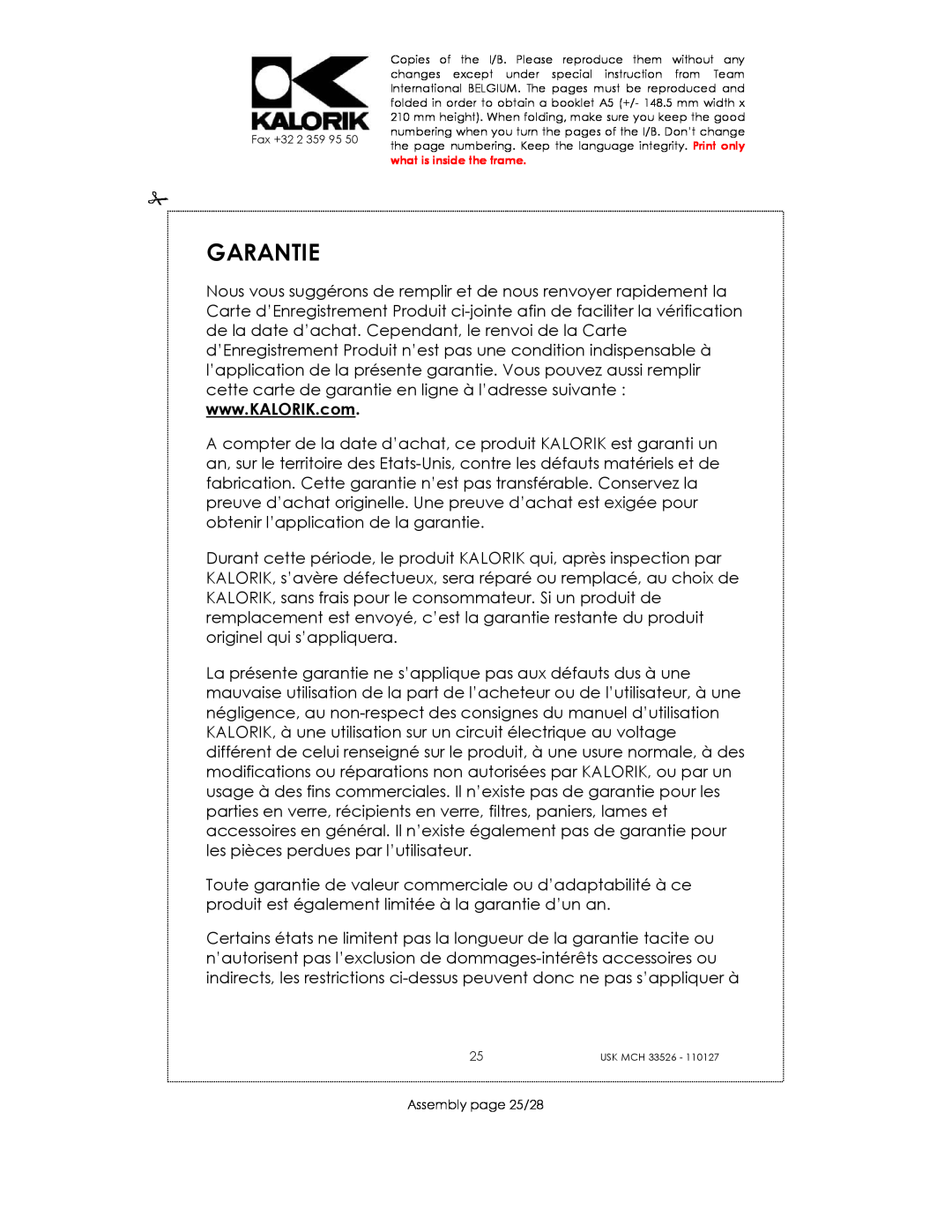 Kalorik USK MCH 33526 manual Garantie, Assembly page 25/28 