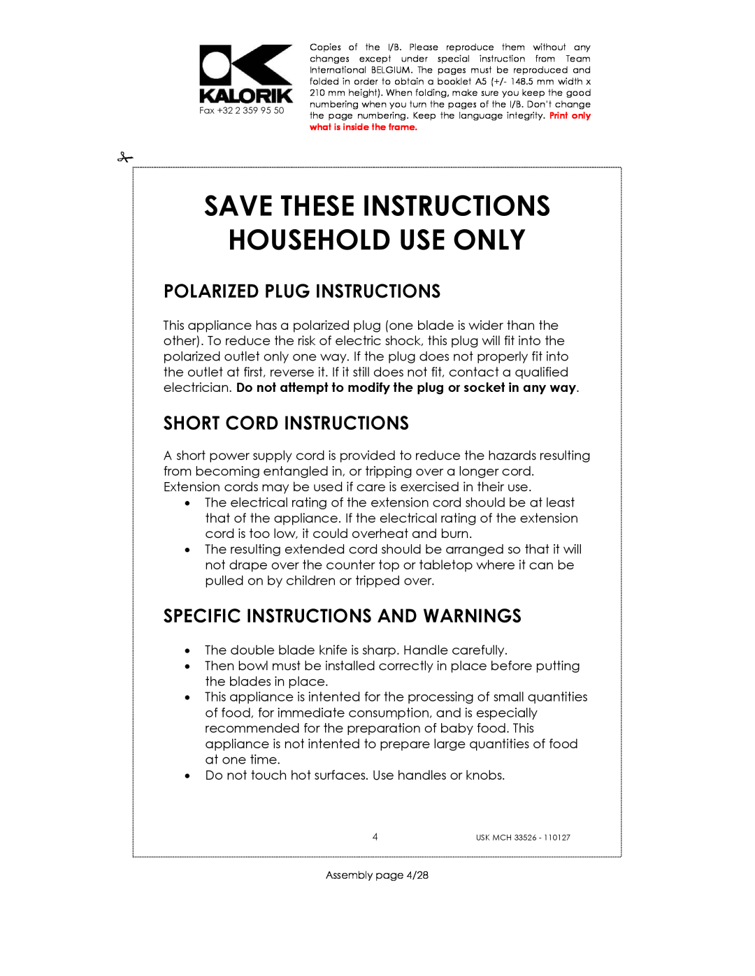 Kalorik USK MCH 33526 Save These Instructions Household Use Only, Polarized Plug Instructions, Short Cord Instructions 