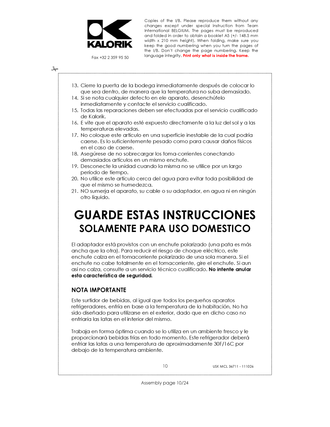 Kalorik USK MCL 36711 manual Guarde Estas Instrucciones, Nota Importante, Assembly page 10/24 