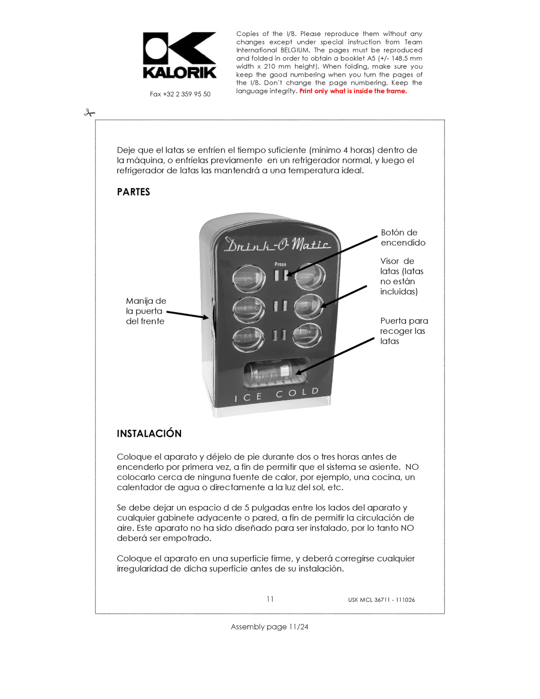 Kalorik USK MCL 36711 manual Partes, Instalación, Assembly page 11/24 