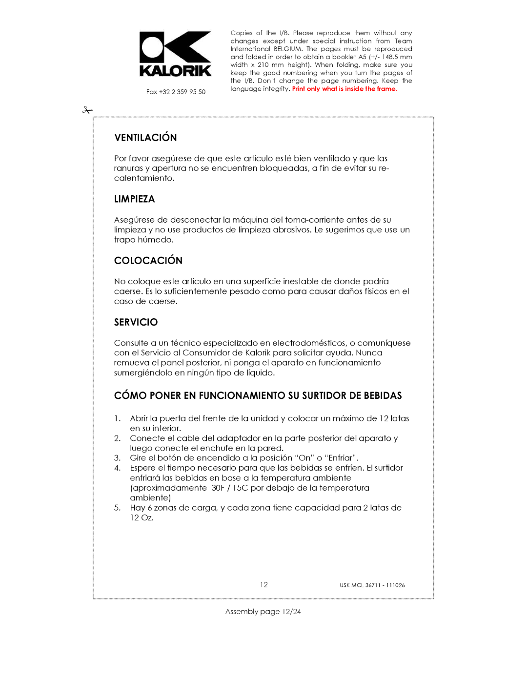 Kalorik USK MCL 36711 Ventilación, Limpieza, Colocación, Servicio, Cómo Poner EN Funcionamiento SU Surtidor DE Bebidas 