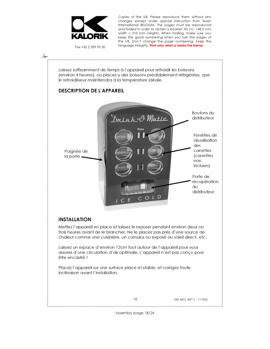 Kalorik USK MCL 36711 manual Description DE L’APPAREIL, Assembly page 18/24 