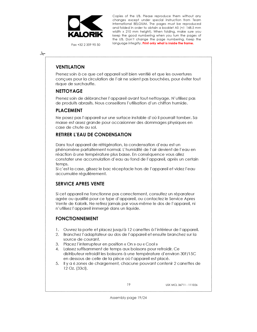 Kalorik USK MCL 36711 Nettoyage, Retirer L’EAU DE Condensation, Service Apres Vente, Fonctionnement, Assembly page 19/24 