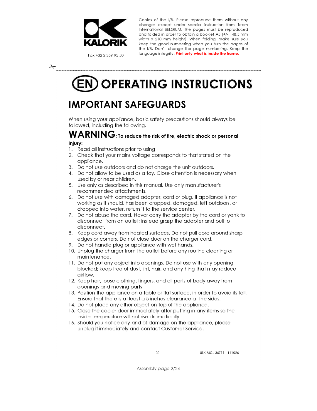 Kalorik USK MCL 36711 manual Important Safeguards, Assembly page 2/24 