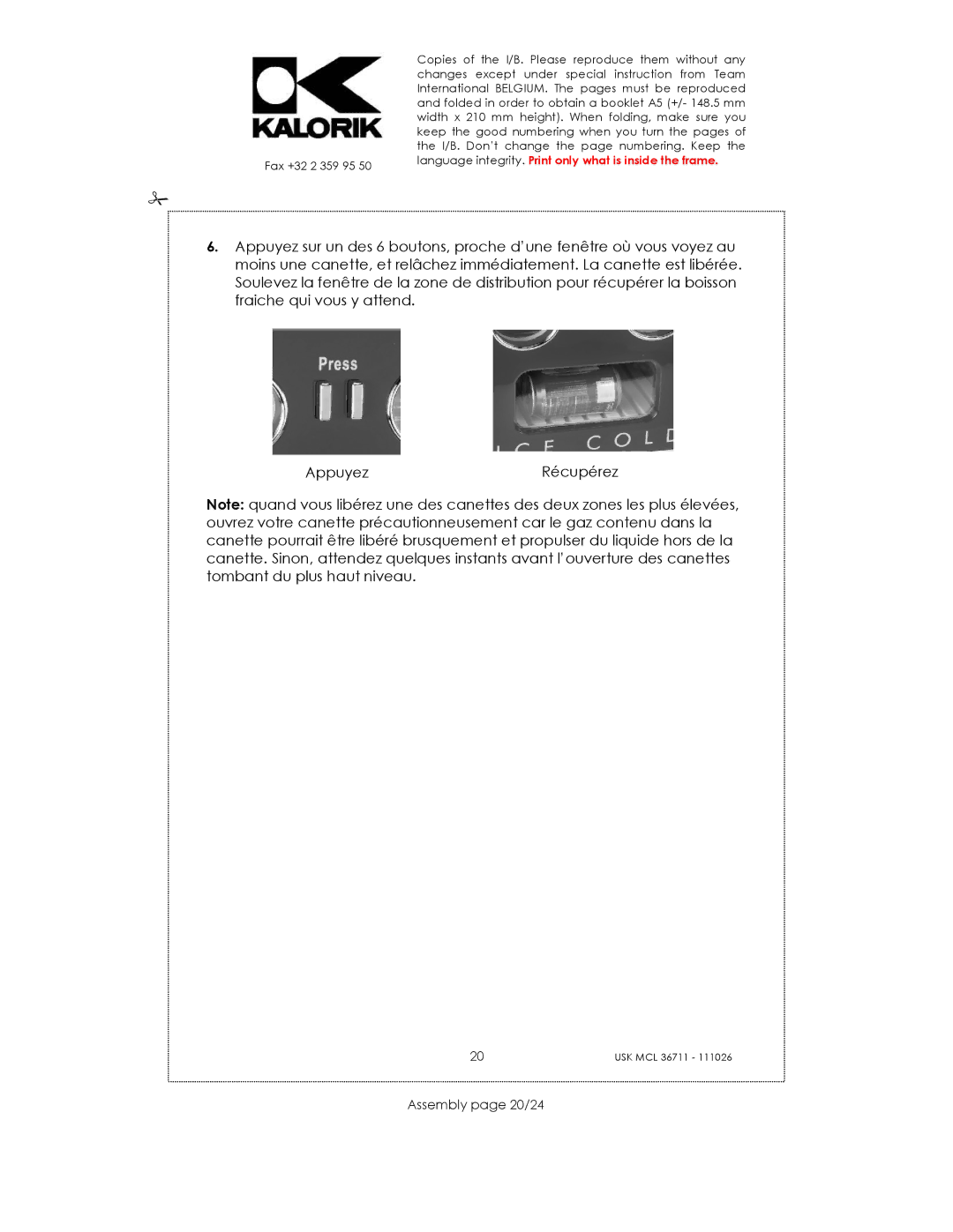 Kalorik USK MCL 36711 manual Assembly page 20/24 