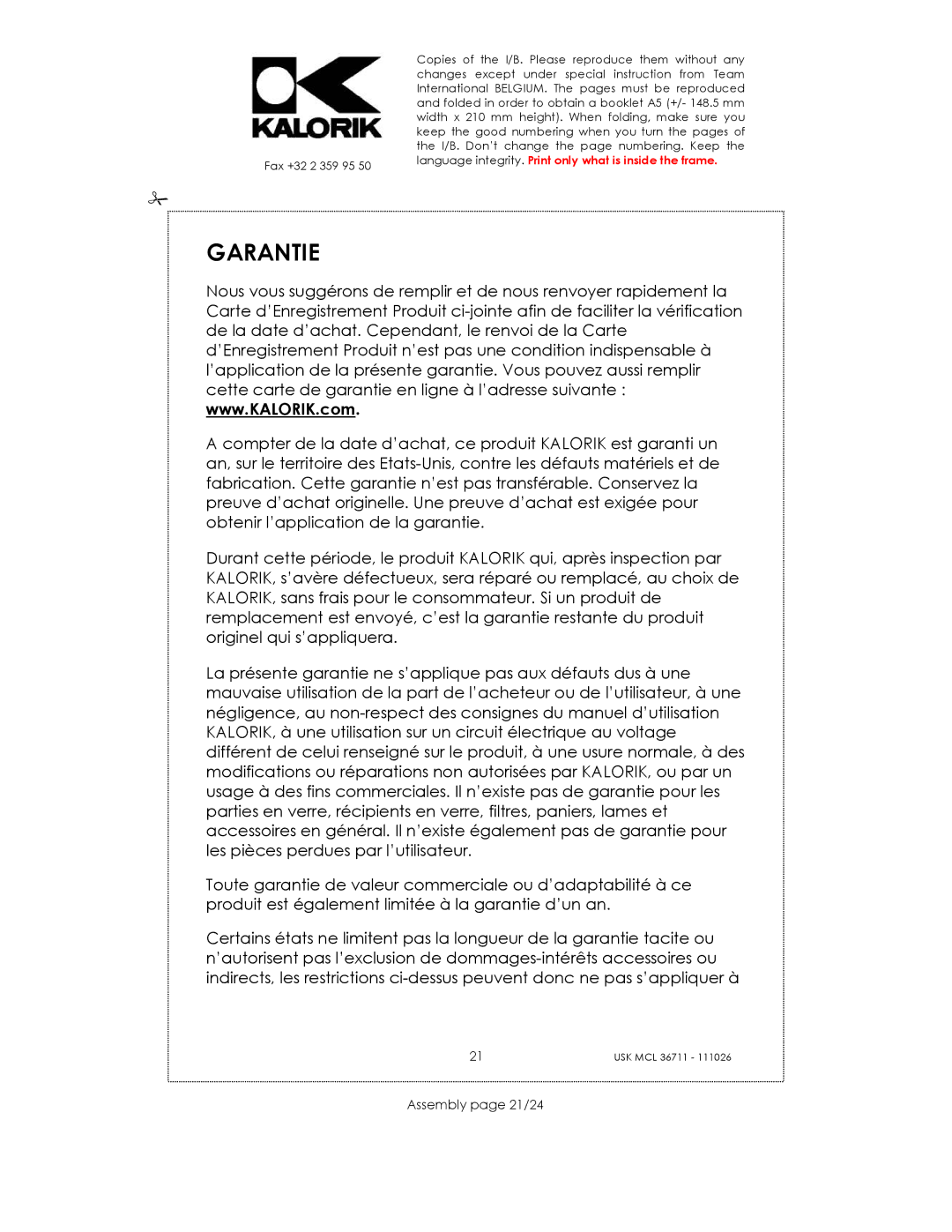 Kalorik USK MCL 36711 manual Garantie, Assembly page 21/24 