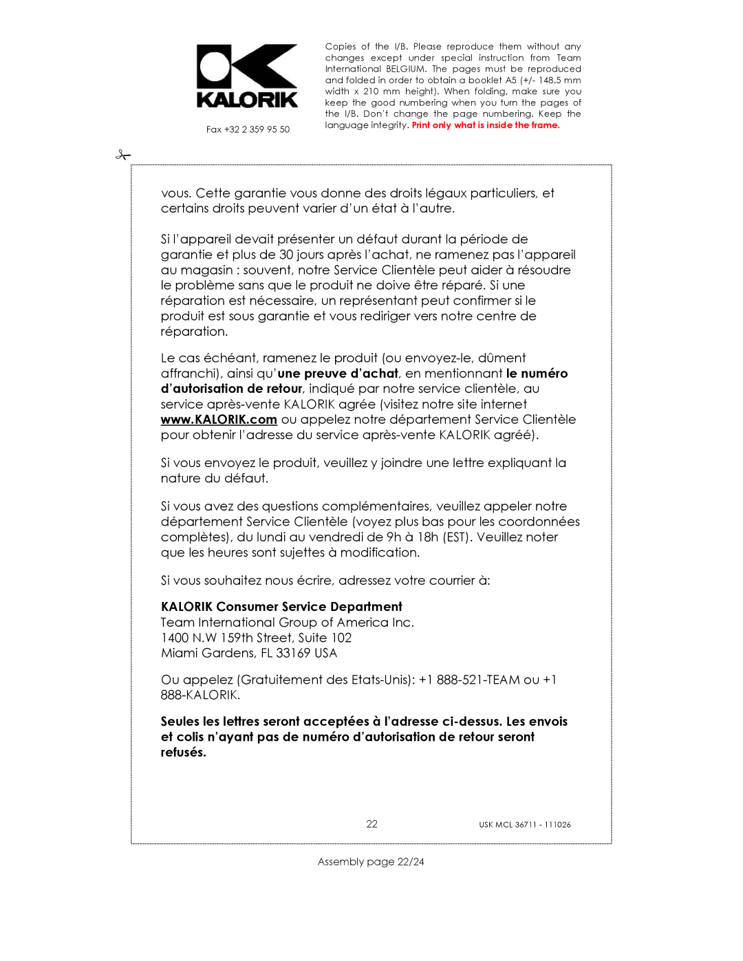 Kalorik USK MCL 36711 manual Assembly page 22/24 