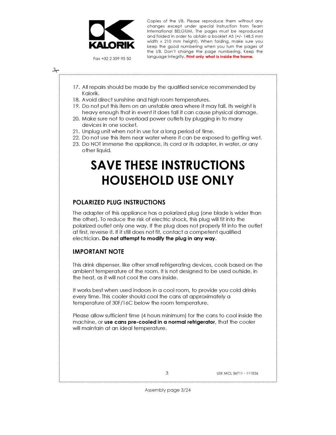 Kalorik USK MCL 36711 manual Household USE only, Polarized Plug Instructions, Important Note, Assembly page 3/24 