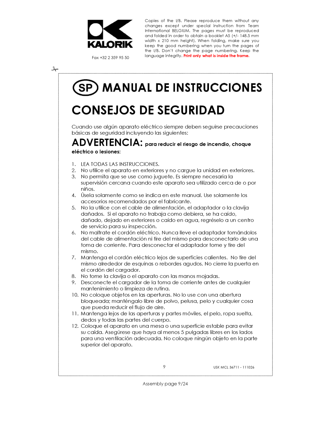 Kalorik USK MCL 36711 manual Consejos DE Seguridad, Assembly page 9/24 