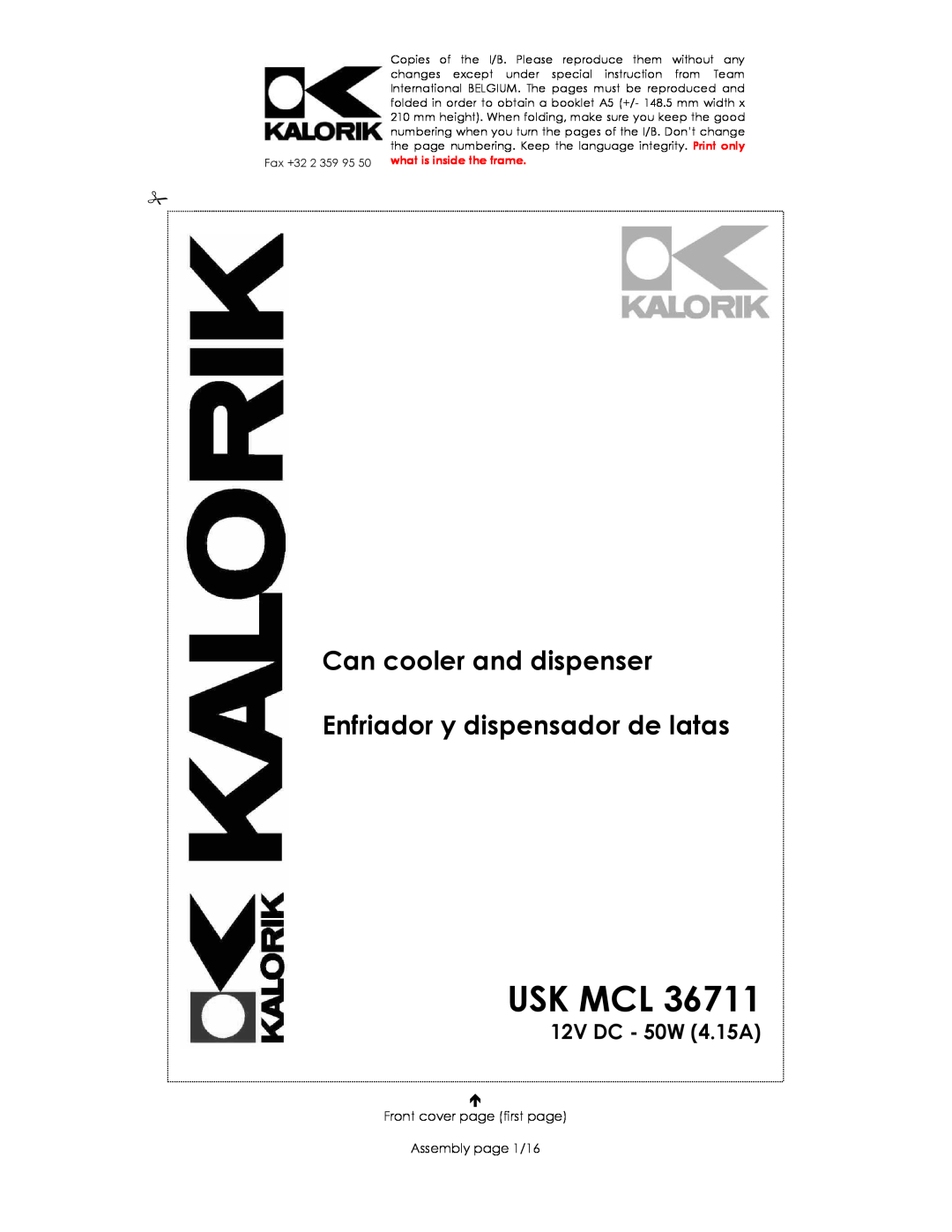 Kalorik USK MCL 36711 manual Usk Mcl, Can cooler and dispenser, Enfriador y dispensador de latas, 12V DC - 50W 4.15A 