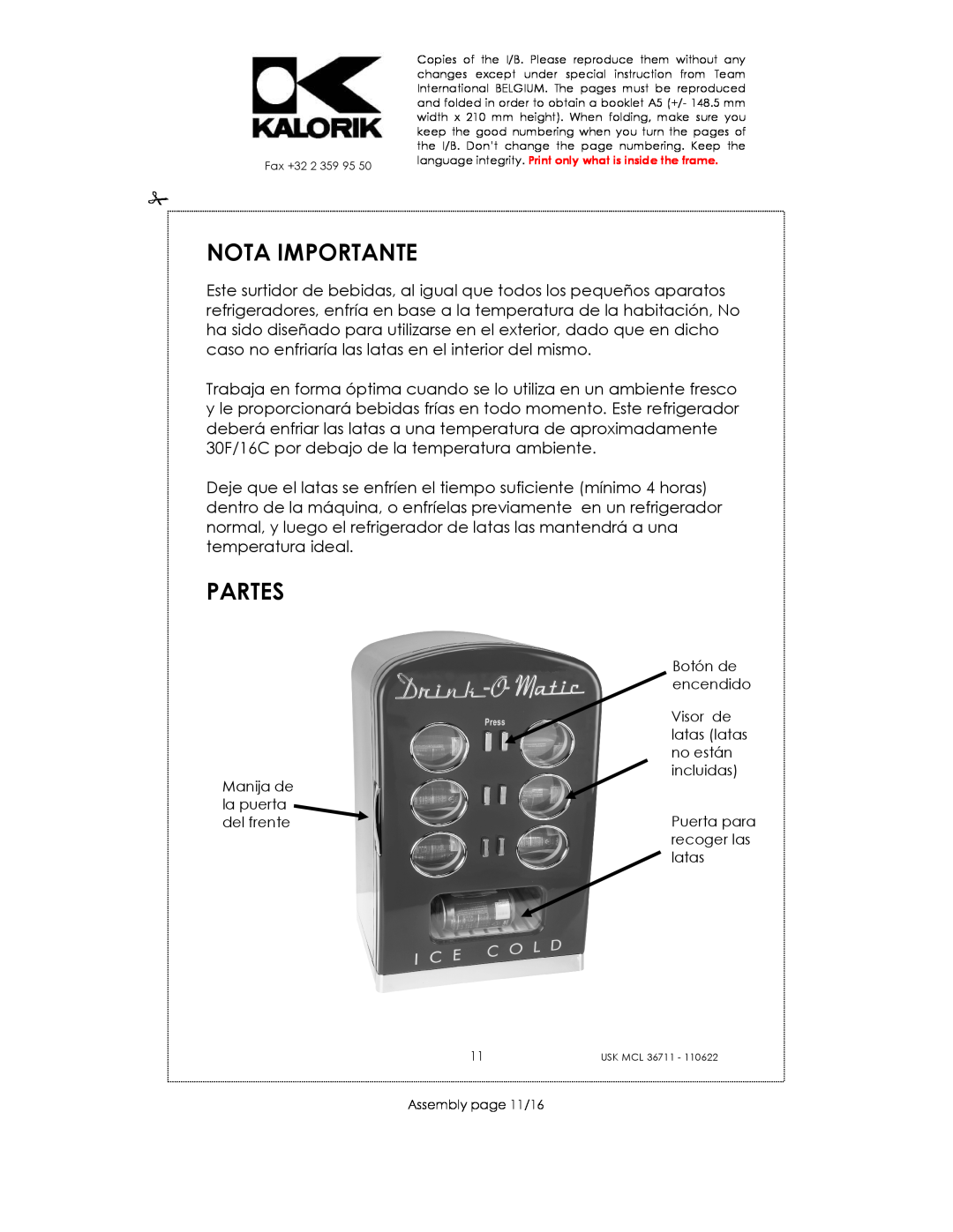 Kalorik USK MCL 36711 manual Nota Importante, Partes, Botón de encendido Visor de latas latas no están incluidas 