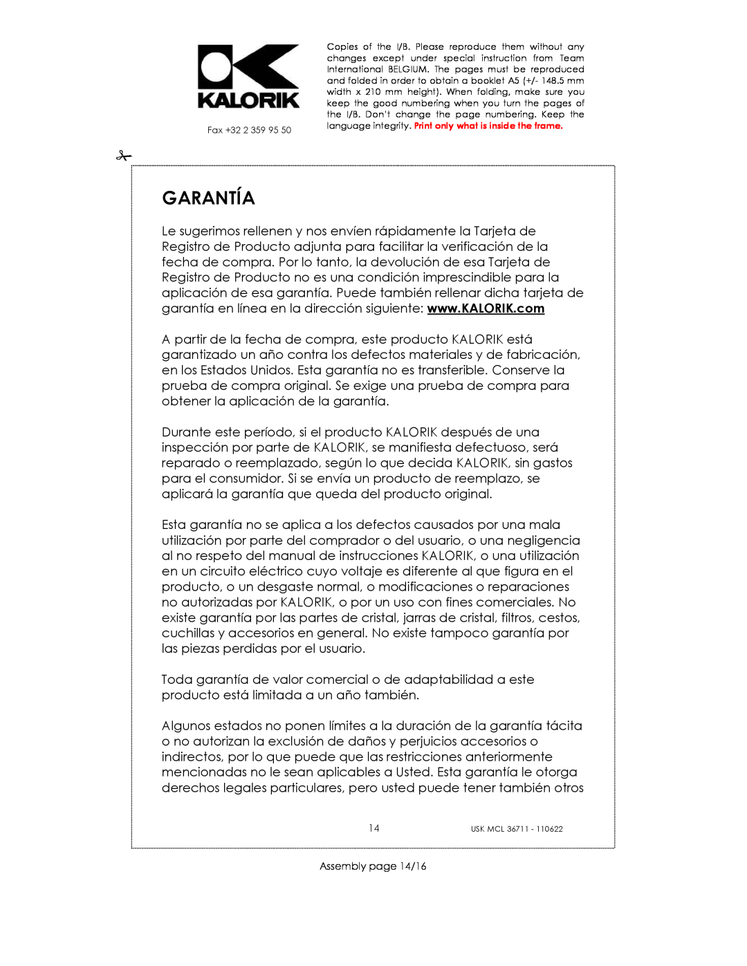 Kalorik USK MCL 36711 manual Garantía, Assembly page 14/16 