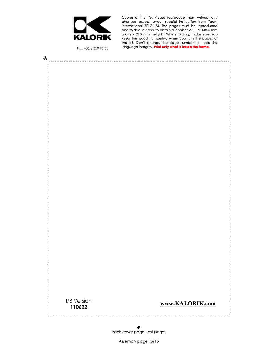 Kalorik USK MCL 36711 manual I/B Version, 110622, Back cover page last page Assembly page 16/16 